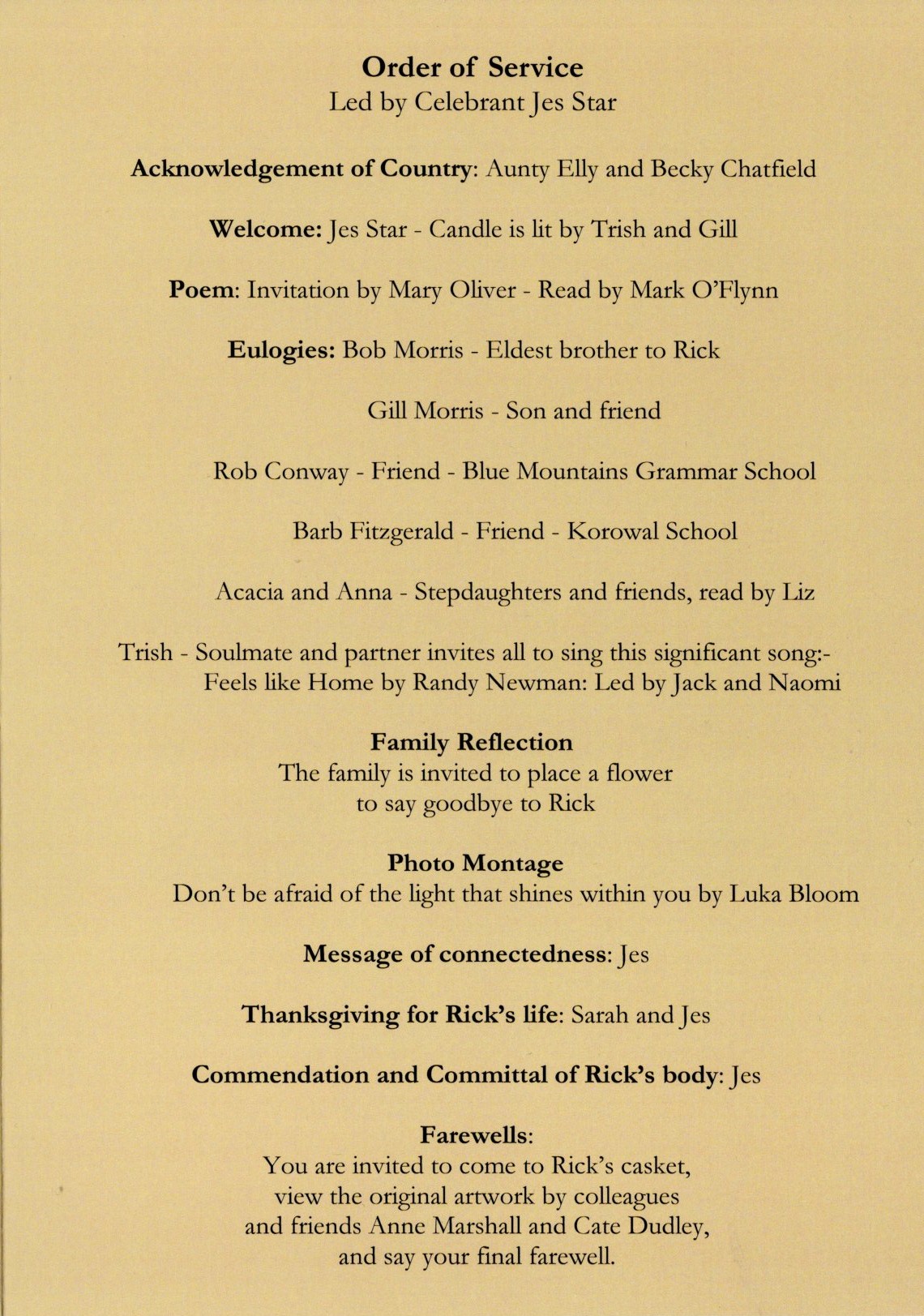 A page from the order of service from the funeral.