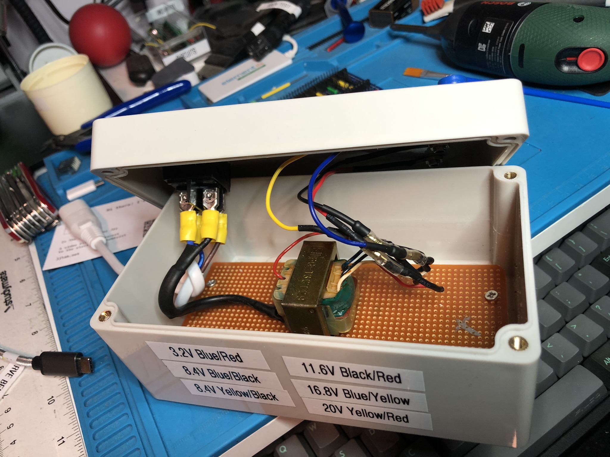 A view of the inside of the project box with wiring complete.