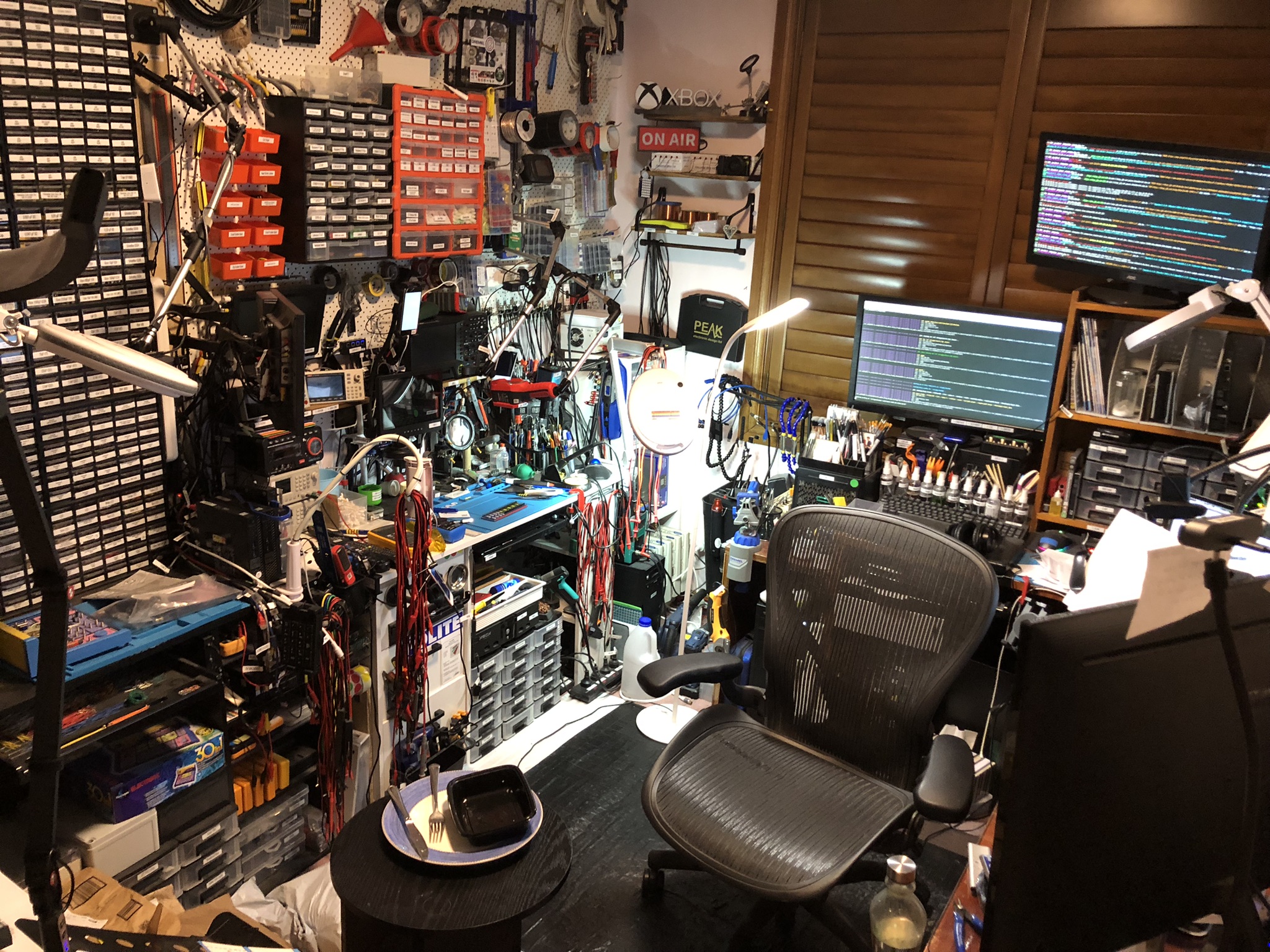 A photo of John's lab showing his workbenches