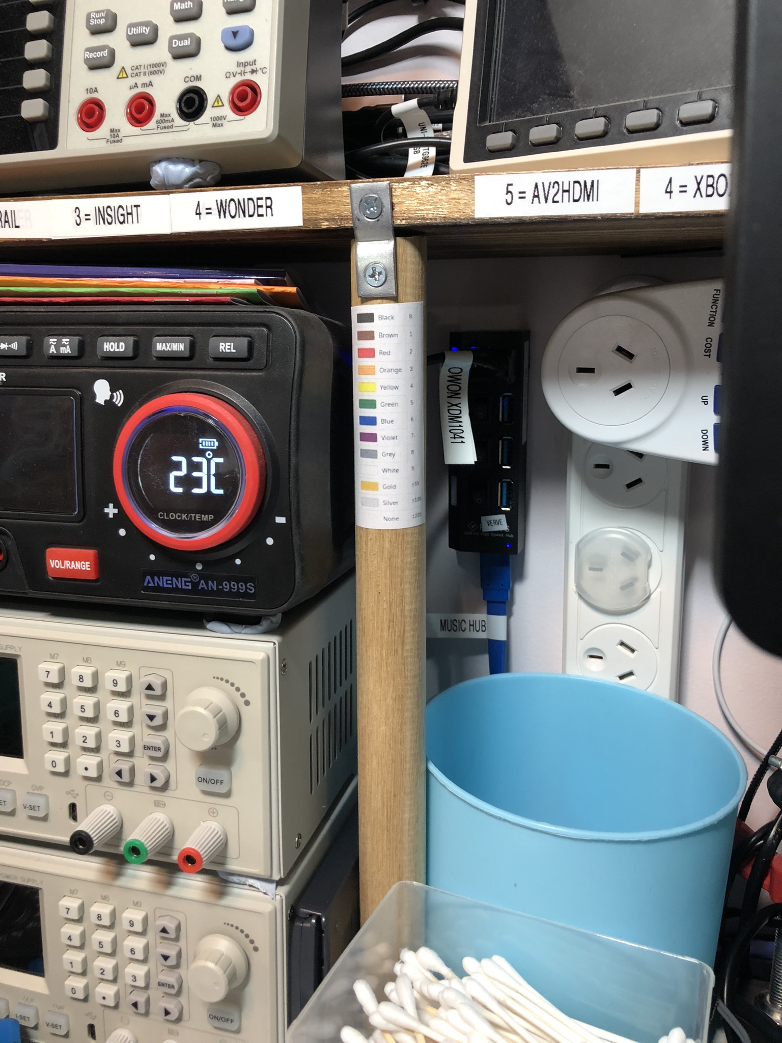 Resistor colour codes stuck on a bit of dowel