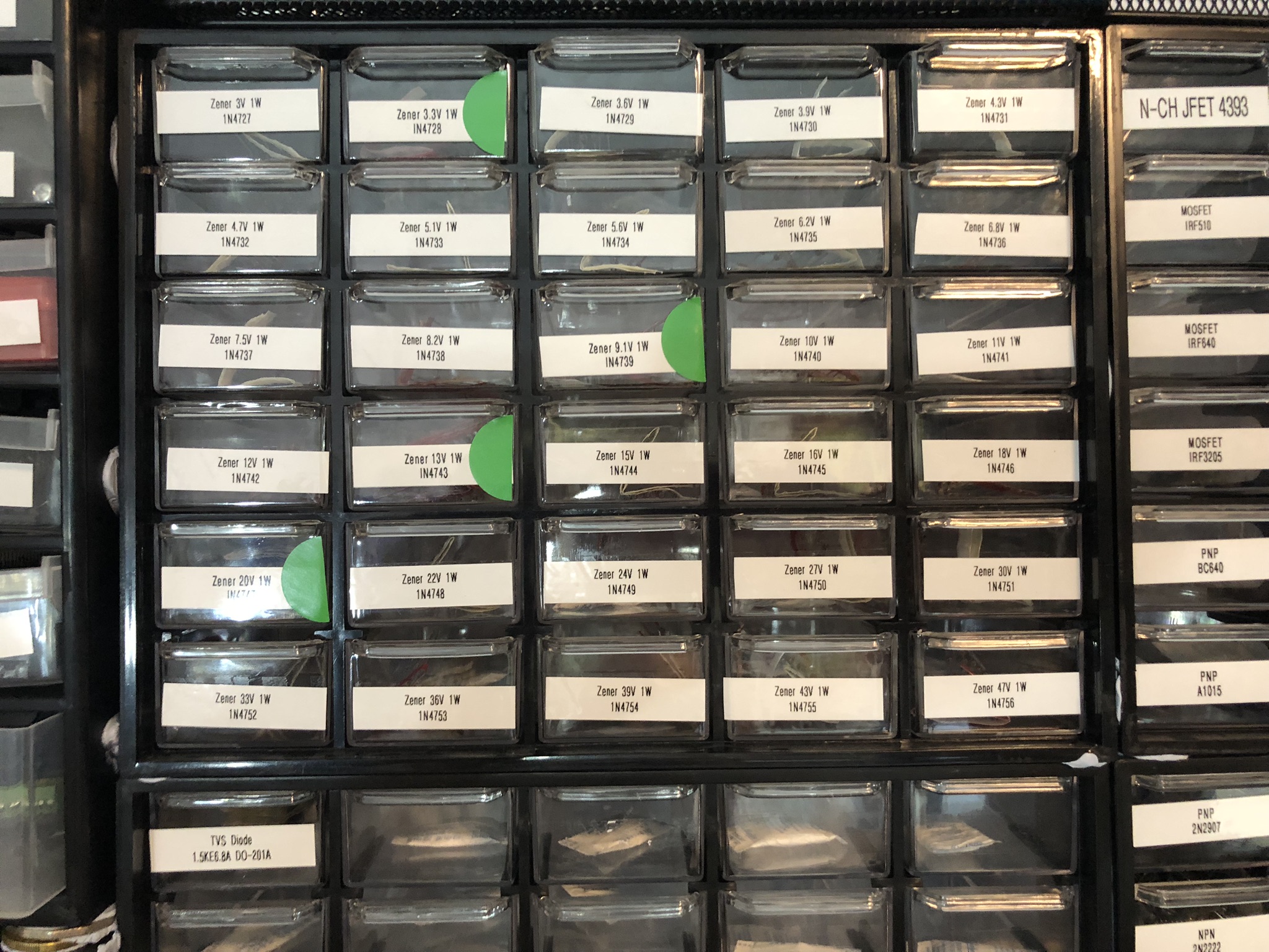 A photo of John's Zener component drawers, they are small and there is 30 of them.