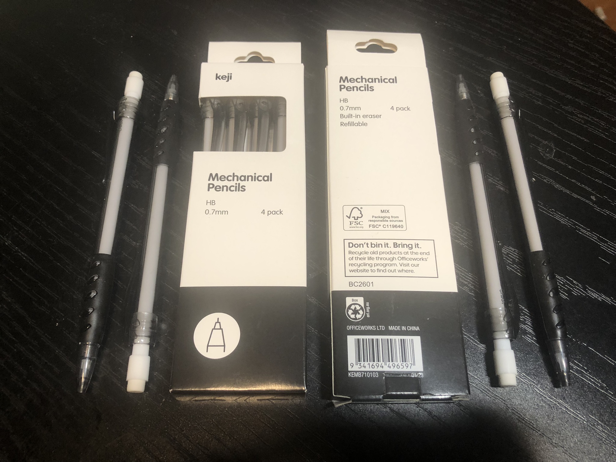 A photo of my Keji mechanical pencils in and out of their box